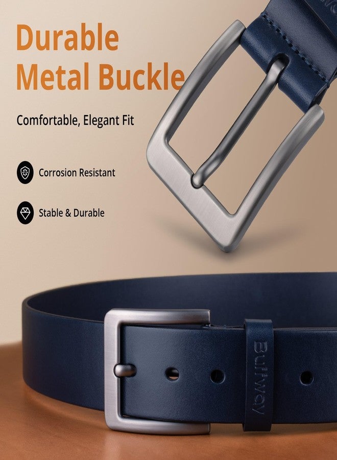 Buffway Men’s Full Grain Leather Belt – Solid One-Piece Leather, 1.5” Wide for Jeans & Business Casual, Gift Box Included - 56” Navy Blue - Image 3